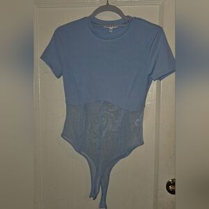 Light Blue  And Green Mesh-Panel Woman One-Piece Bodysuit, Bundle 2 For 1 Ptp 15